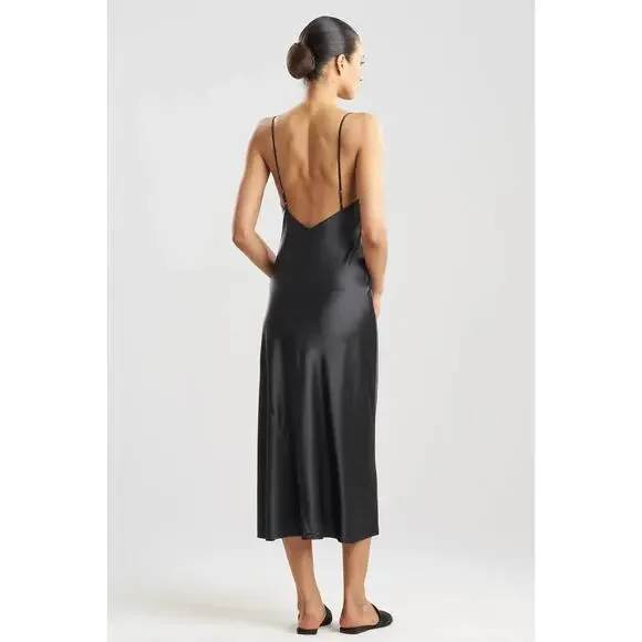 Natori Glamour Stretch Satin Nightgown Black, Size M 0236